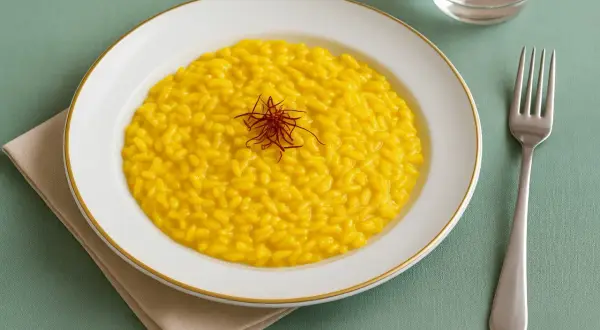 Cremiges, gelbes Risotto Milanese, garniert mit Safranfäden, auf einem weißen Teller mit goldenem Rand. Daneben eine Gabel und ein Glas Wasser.