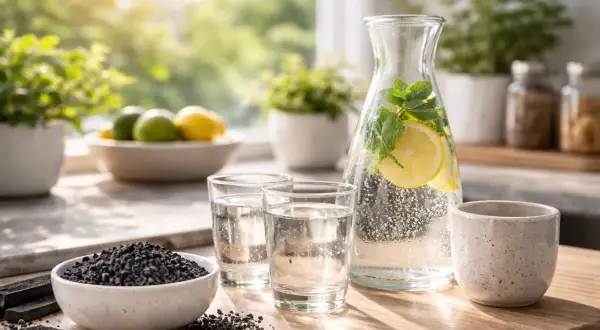 En skål med kolfilter-granulat bredvid glas med vatten och en karaff med citronvatten.