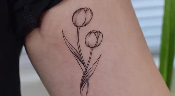 Delikatny tatuaż z dwoma tulipanami, symbolizującymi miłość i wiosnę. Znaczenie tatuażu tulipan jest głębokie i osobiste.