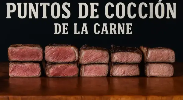 Cinco cortes de vacuno que es, apilados en dos filas, mostrando diferentes puntos de cocción.
