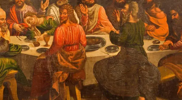 Ostatnia Wieczerza, gdzie Jezus siedzi pośród swoich uczniów. Widać ich gesty i skupienie, a każdy z 12 apostołów imiona znał tylko On.