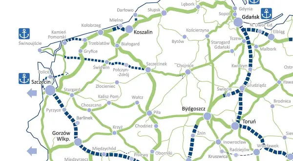 Mapa przedstawia sieć dróg i kolejowych szlaków w północnej Polsce, łącząc porty morskie z miastami wewnętrznymi.