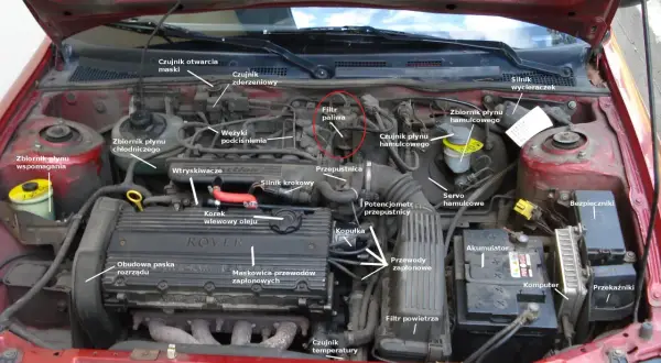 Gdzie jest filtr paliwa Toyota RAV4 2.0 benzyna? Na zdjęciu silnika zaznaczono czerwonym okręgiem filtr paliwa.