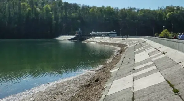 Zapora Myczkowce z zieloną wodą i betonowym zboczem. W tle las i budynki techniczne.