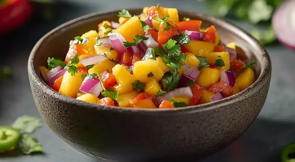 En skål med färgglad mango salsa, full av söta mangobitar, rödlök och koriander. Perfekt till grillat!