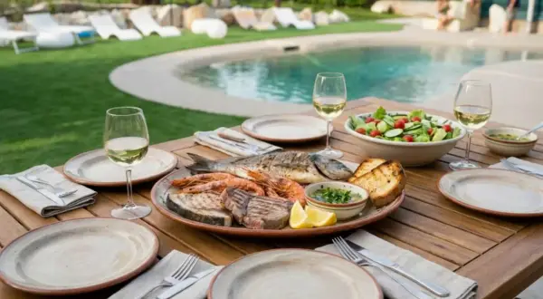 Una deliziosa grigliata di pesce con gamberi, tonno e orata, accompagnata da pane tostato, insalata e vino bianco, pronta per essere gustata a bordo piscina.