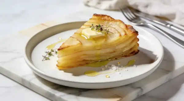 En skiva gyllene pommes anna, perfekt skiktad, toppad med smör och örter. En utsökt potatisdelikatess.