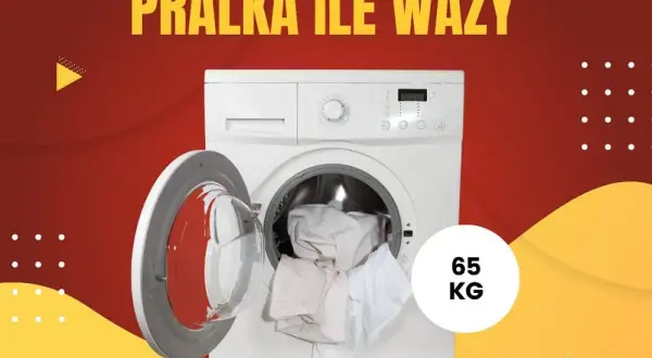 Biała pralka z otwartymi drzwiczkami i załadunkiem, obok napis "65 KG".