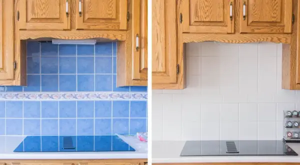 Prima e dopo: come coprire le piastrelle della cucina con un nuovo rivestimento bianco.