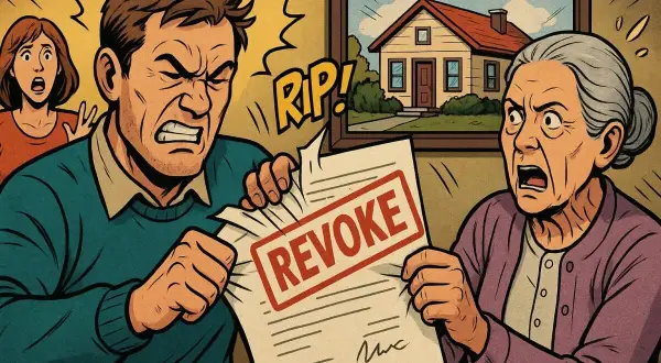 Famiglia in lite strappa un documento con la scritta "REVOKE", forse una revocatoria vendita tra parenti. Sullo sfondo, un quadro con una casa.