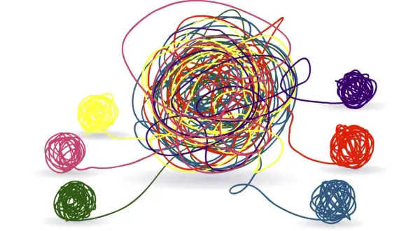 Un groviglio di fili colorati rappresenta la complessità della mente. Chi va dallo psicologo cerca di districare i propri pensieri, uno alla volta, per ritrovare serenità.