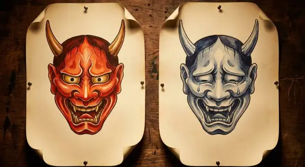 Dwie maski Hannya, czerwona i niebieska, wiszą na drewnianej ścianie. Ich znaczenie jest głębokie, symbolizując gniew i smutek.