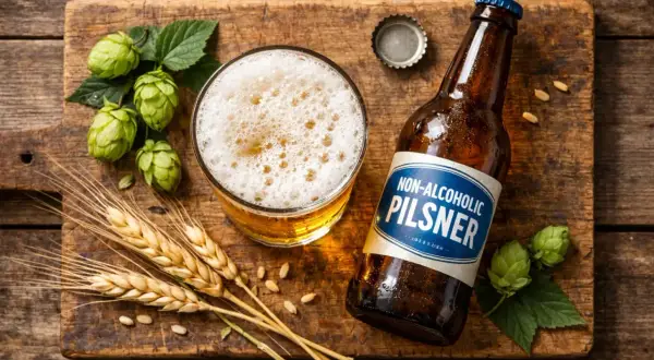 Ein Glas und eine Flasche alkoholfreies Pils auf einem Holzbrett, garniert mit Hopfen und Gerste. Alkoholfreies Bier gesund genießen.