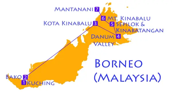 Reiseroute für Borneo Backpacking: Kuching, Bako, Danum Valley, Sepilok, Kinabatangan, Kota Kinabalu, Mt. Kinabalu, Mantanani.