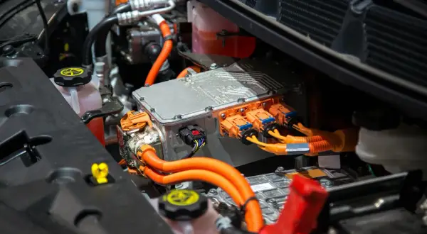 Componentes de un coche eléctrico, listos para cambiar la centralita. Cables naranjas y conectores naranjas y negros.