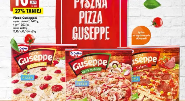 Trzy opakowania pizzy mrożonej Giuseppe: 4 sery, szynka i pieczarki, salami. Promocja 27% taniej.