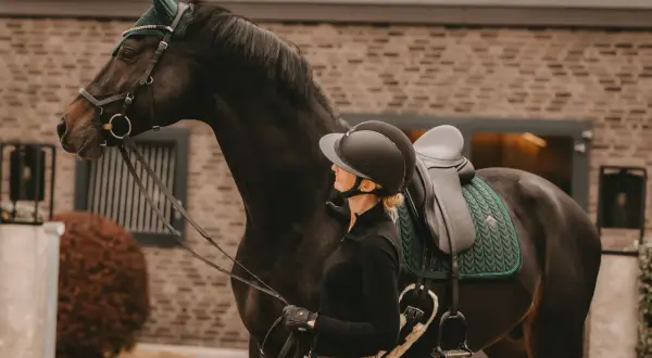Eleganckie nauszniki zdobią głowę ciemnego konia, gotowego do jazdy. Obok stoi jeźdźczyni w kasku.