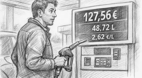 Zaskoczony kierowca widzi rachunek za paliwo 127,56€. Zastanawia się, ile naprawdę zarabia mechanik na marży za części, gdy ceny tak rosną.