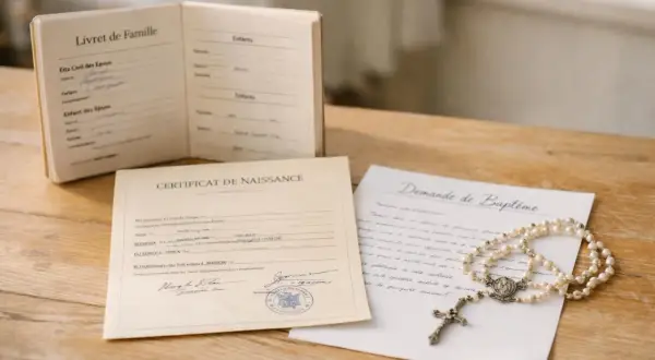 Livret de famille, certificat de naissance et demande de baptême avec chapelet sur fond de bois.