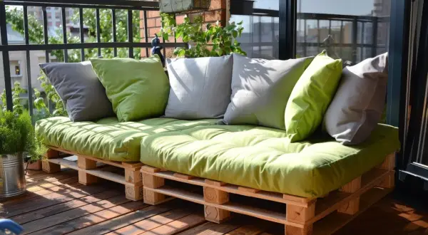 Sofa ogrodowa z palet z zielonymi i szarymi poduszkami na drewnianym tarasie.