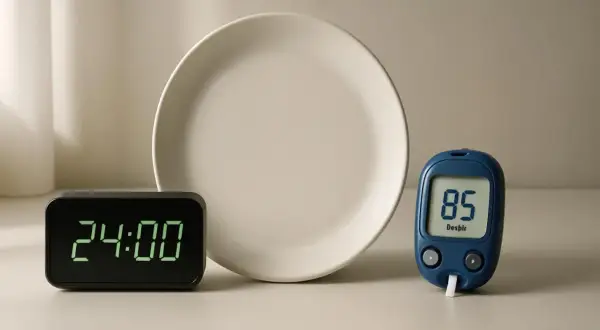 Orologio digitale segna 24:00, piatto vuoto e glucometro con 85. Simboli di un digiuno 24 ore e controllo glicemia.