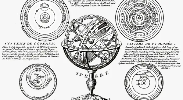 Ilustracja porównuje modele kosmosu: Kopernika, Ptolemeusza, Tychona Brahe i system złożony, ukazując ewolucję teorii geocentrycznej.