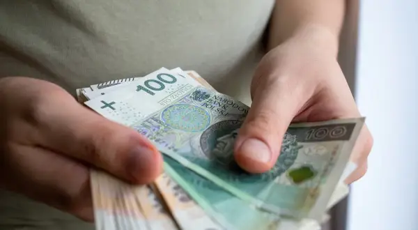 Dłonie trzymają stos banknotów 100 zł. To może być pomoc de minimis dla przedsiębiorcy.