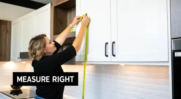 Woman demonstrating how to measure kitchen cabinets with a yellow tape measure. "Measure Right" text overlay.