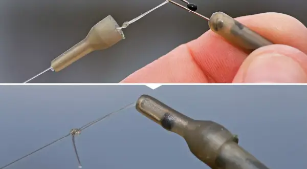 Nahaufnahme einer **method feeder montage**: Ein Angler knotet den Haken an die Schnur, die durch einen Futterkorb läuft.