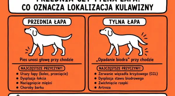 Pies kuleje, ale biega. Ilustracja pokazuje różnice w postawie psa przy kulawiźnie przedniej i tylnej łapy, podając przyczyny.