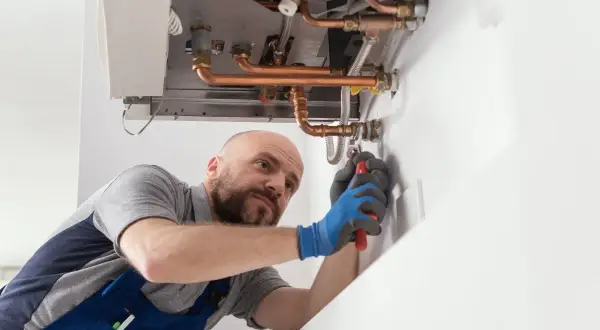 Un tecnico con guanti blu lavora su una caldaia, cercando di capire perché la caldaia perde pressione ma non ci sono perdite visibili.
