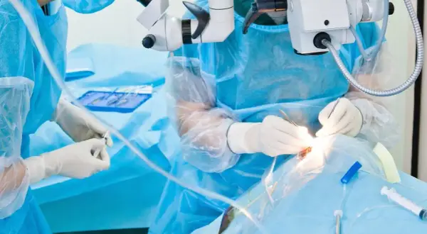 Chirurg wykonuje operację oka pod mikroskopem, używając precyzyjnych narzędzi.