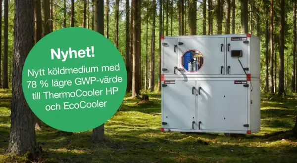 Enhet för värmeaggregat i skogsmiljö. Nytt köldmedium med 78% lägre GWP-värde för ThermoCooler HP och EcoCooler.