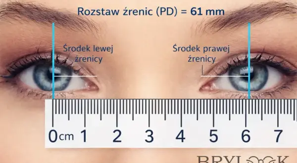 Pomiar rozstawu źrenic (PD) 61 mm, kluczowy do tego, jak wyregulować okulary, aby idealnie pasowały.