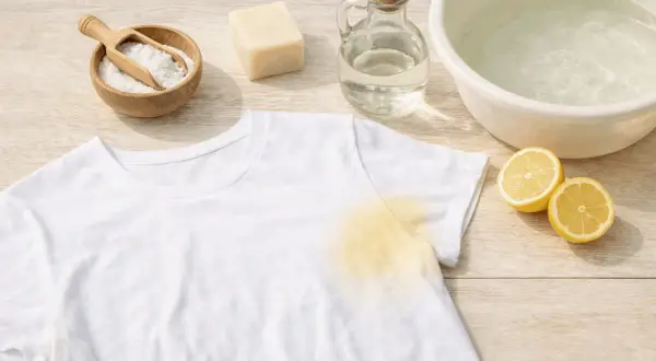 T-shirt macchiata, bicarbonato, sapone, aceto e limoni: ingredienti naturali per sapere come sbiancare i panni bianchi e farli tornare come nuovi.