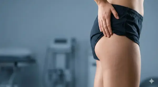 Une femme touche sa hanche, peut-être à cause d'une douleur au muscle piriforme sciatique.