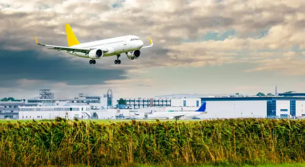 Ein Linienflugzeug mit gelbem Leitwerk nähert sich dem Flughafen. Die Linienflug Geschwindigkeit ist beeindruckend, während es über das Schilf und die Gebäude fliegt.