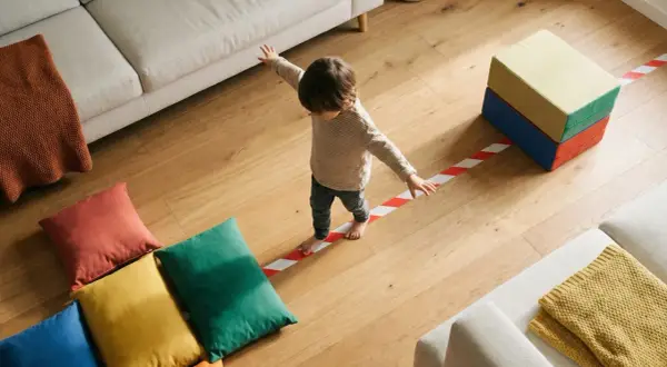 Kleines Kind balanciert auf roter-weißer Linie, ein tolles Beispiel für Koordinationsspiele für Kinder. Bunte Kissen und Bausteine laden zum Spielen ein.