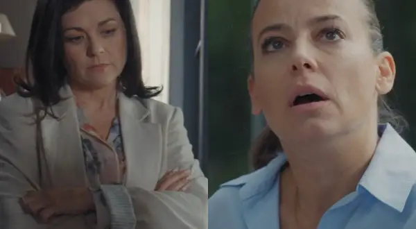 Dwie aktorki z serialu "M jak miłość": jedna zamyślona w jasnej marynarce, druga zaskoczona z otwartymi ustami.