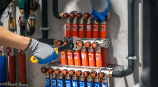Instalator dokręca kluczem elementy systemu ogrzewania podłogowego, pokazując, jak podłączyć rozdzielacz do grzejników.