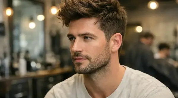 Un homme avec une coupe de cheveux texturée, incarnant la tendance homme. Son regard est tourné vers l'horizon, prêt pour de nouvelles aventures.