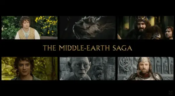 Kolaż postaci z "Władcy Pierścieni": hobbit, smok, krasnolud, Frodo, Gollum, Aragorn.