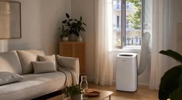 Climatiseur mobile réversible en mode chauffage, avec évacuation par la fenêtre ouverte. Confort assuré dans ce salon cosy.