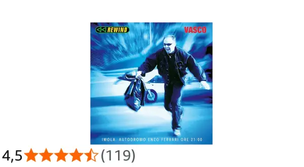 Vasco Rossi corre con un sacco, con il logo REWIND e la scritta VASCO. Imola, Autodromo Enzo Ferrari ore 21:00.