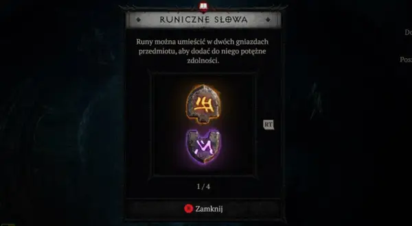 Diablo 2 słowa runiczne: dwie runy, jedna żółta, druga fioletowa, czekają na umieszczenie w gnieździe przedmiotu.