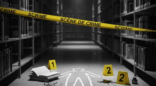 Scène de crime dans une bibliothèque. Une silhouette à la craie, des marqueurs numérotés, un livre d'enquête ouvert et des lunettes sur le sol.