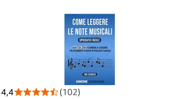 Copertina libro "Come leggere le note musicali", con pentagramma e simbolo nota musicale. Impara velocemente chiave di violino e basso.