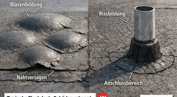 Flachdach mit Blasenbildung, Rissen und Nahtversagen. Ein Rohr ragt aus dem beschädigten Anschlussbereich.