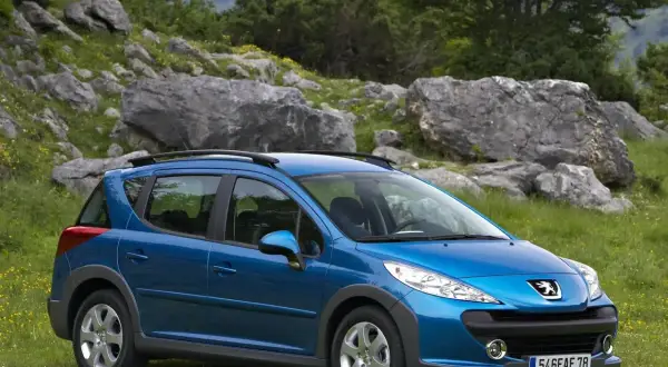 Niebieski Peugeot 207 SW na tle skalistego krajobrazu. Wiele osób chwali ten model, a opinie o nim są pozytywne.
