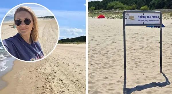 Kobieta na plaży w Niemczech, obok znak "Anfang FKK Strand", czyli początek plaży dla naturystów.